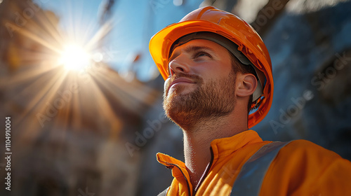 Construction worker looking upward, hopeful, with sunlight in the background.