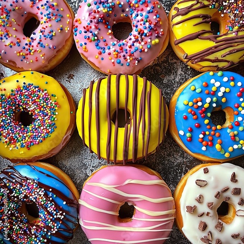 A Colorful Collection of Glazed Donuts with Sprinkles and Chocolate Drizzle photo