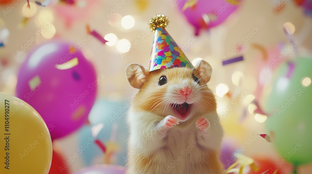 Cute Hamster Wearing a Party Hat - Realistic Image Cute Hamster Wearing a Party Hat - Realistic Image