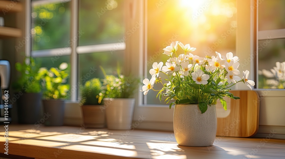 Flower Pot with Yellow Blooms on Sunny Window, A ceramic pot of vibrant yellow flowers placed on a windowsill, bathed in warm sunlight, symbolizing tranquility and nature.
Flower Pot with Yellow Blooms on Sunny Window, A ceramic pot of vibrant yellow flowers placed on a windowsill, bathed in warm sunlight, symbolizing tranquility and nature.