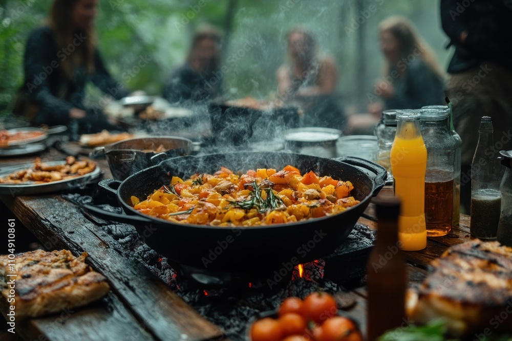 A group of friends enjoy a meal cooked over an open fire in the woods. A group of friends enjoy a meal cooked over an open fire in the woods.