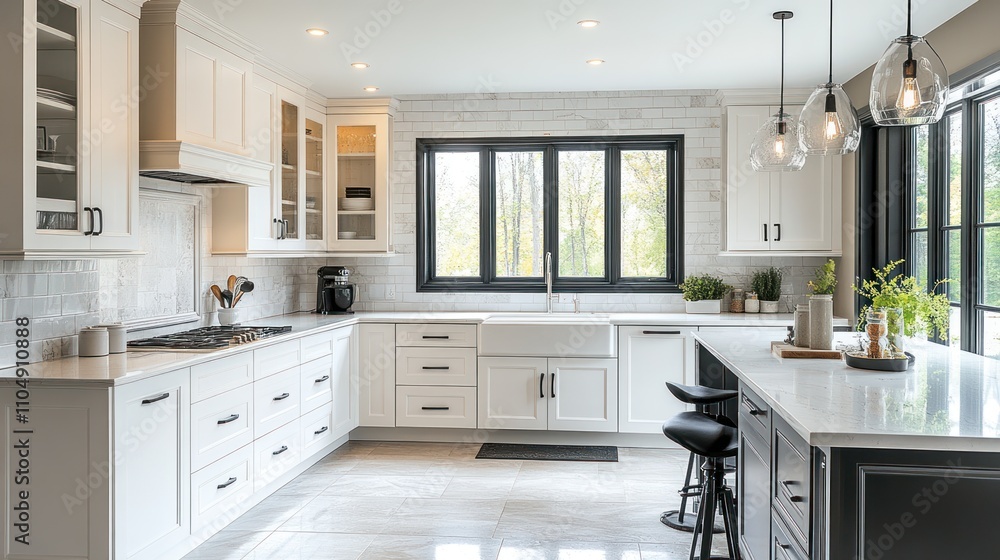 Modern White Kitchen With Island And Large Windows Modern White Kitchen With Island And Large Windows