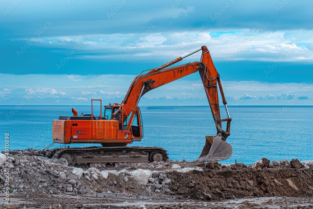 Orange excavator by the sea, digging. Image depicts construction near ocean; ideal for projects related to coastal development or earthmoving. Orange excavator by the sea, digging. Image depicts construction near ocean; ideal for projects related to coastal development or earthmoving.