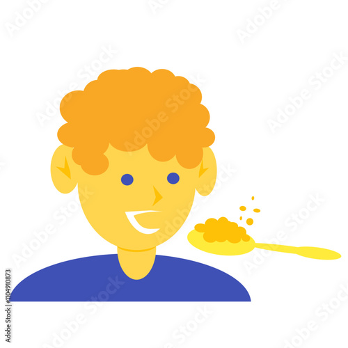 A curly-haired red-haired child eats porridge from a spoon. Child eats porridge