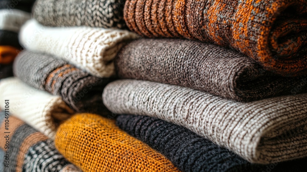A neatly arranged stack of rolled knit sweaters in various earthy tones, including shades of gray, cream, brown, and orange. The texture of the wool fabric is highlighted, showcasing intricate knit pa A neatly arranged stack of rolled knit sweaters in various earthy tones, including shades of gray, cream, brown, and orange. The texture of the wool fabric is highlighted, showcasing intricate knit pa