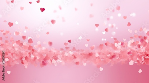 Valentines day card. Heart confetti falling over pink background for greeting cards, wedding invitation