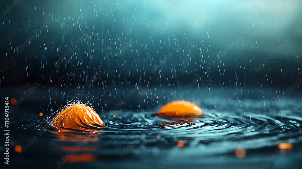 Rainy day serenity floating oranges in a tranquil pond nature photography moody atmosphere close-up viewpoint calm water reflections for relaxation Rainy day serenity floating oranges in a tranquil pond nature photography moody atmosphere close-up viewpoint calm water reflections for relaxation