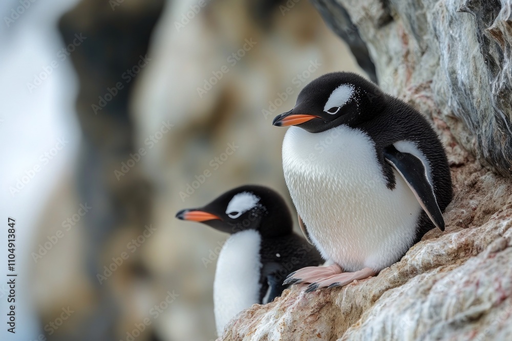 Naklejka premium Two penguins perched on a rock, looking out at the scenery.