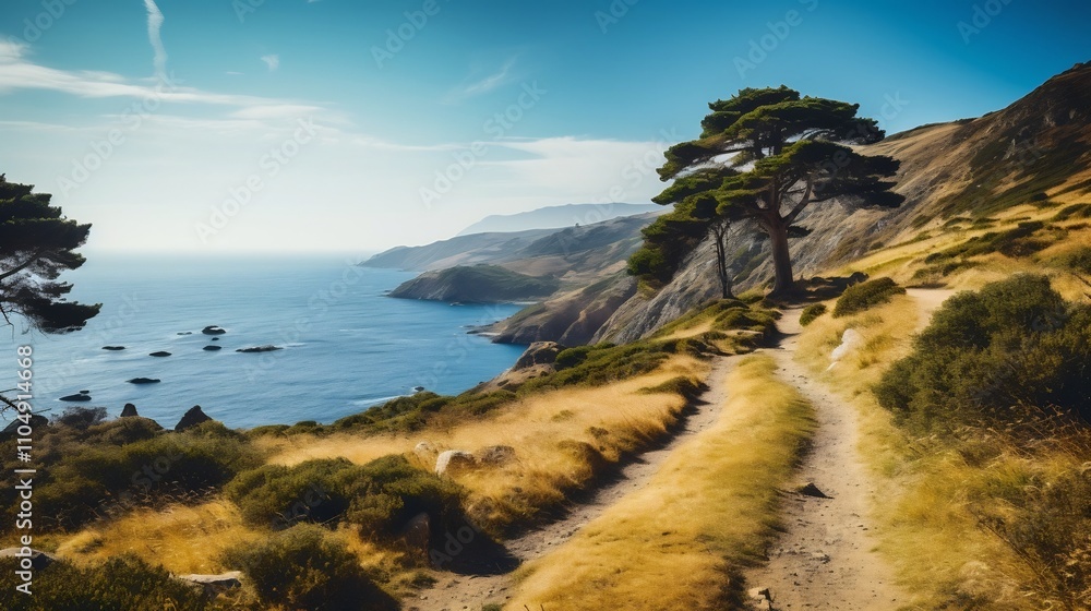 Obraz premium Picturesque mountain hiking trail winding through lush terrain offering breathtaking panoramic views of the serene coastal seascape below