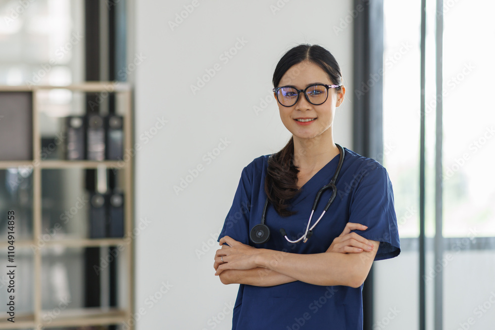 Portrait of young asian attractive female doctor or nurse smiling and standing in hospital Portrait of young asian attractive female doctor or nurse smiling and standing in hospital