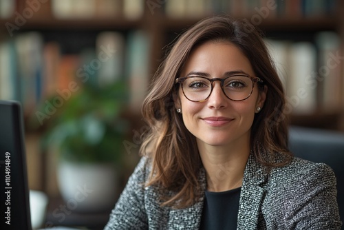 A confident woman with glasses smiles warmly, seated in an office setting filled with books, conveying professionalism and approachability.