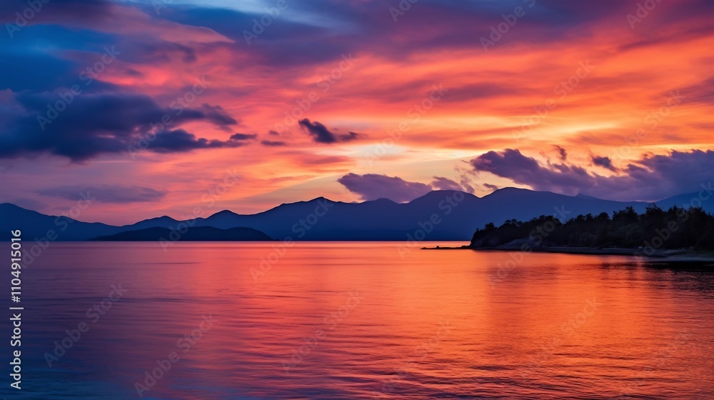 Breathtaking sunset over the sea with the silhouettes of majestic mountains reflecting in the calm waters A serene and picturesque natural landscape Breathtaking sunset over the sea with the silhouettes of majestic mountains reflecting in the calm waters A serene and picturesque natural landscape
