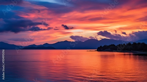 Breathtaking sunset over the sea with the silhouettes of majestic mountains reflecting in the calm waters  A serene and picturesque natural landscape