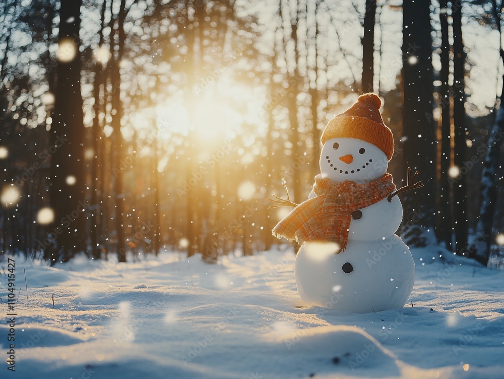 Obraz premium A cheerful snowman stands in a snowy forest, illuminated by the warm glow of the setting sun, surrounded by falling snowflakes.