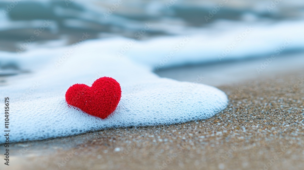 Obraz premium A red heart drawn in the sand on a deserted beach, with the waves gently lapping at the shore, symbolizing fleeting love, lost romance, and memories.