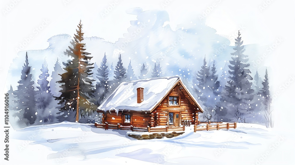 A watercolor painting of a cozy cabin in a snowy forest. A watercolor painting of a cozy cabin in a snowy forest.