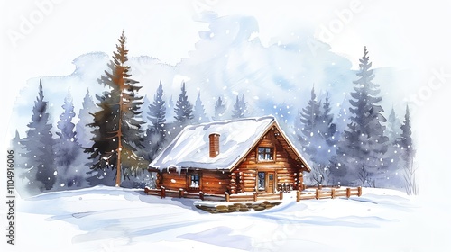 A watercolor painting of a cozy cabin in a snowy forest.