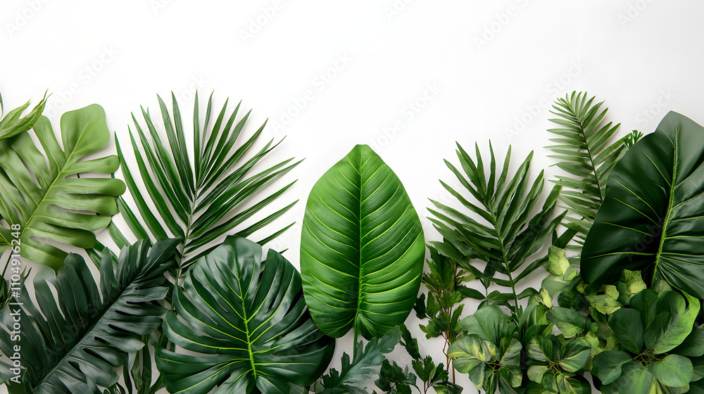 Various green tropical leaves arranged aesthetically on a white background in a bright and vibrant setting Various green tropical leaves arranged aesthetically on a white background in a bright and vibrant setting