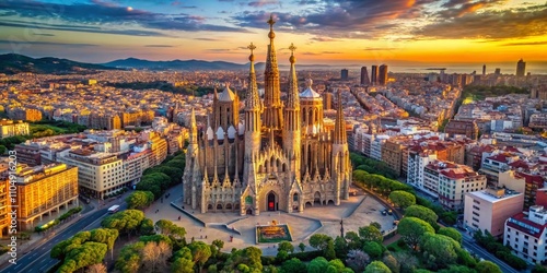 Aerial Sagrada Familia Barcelona Cityscape AI Photo, Stunning Architecture, Panoramic View
