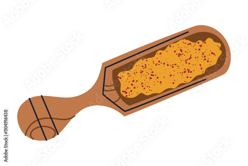 Wooden scoop filled with yellow spice powder, turmeric ground or cardamom in spoon. Vector illustration in flat cartoon style, ideal for culinary, kitchen, and seasoning related designs