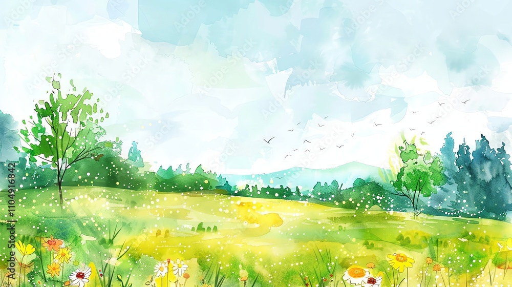 Fototapeta premium A watercolor painting of a meadow with trees and a mountain range in the background.