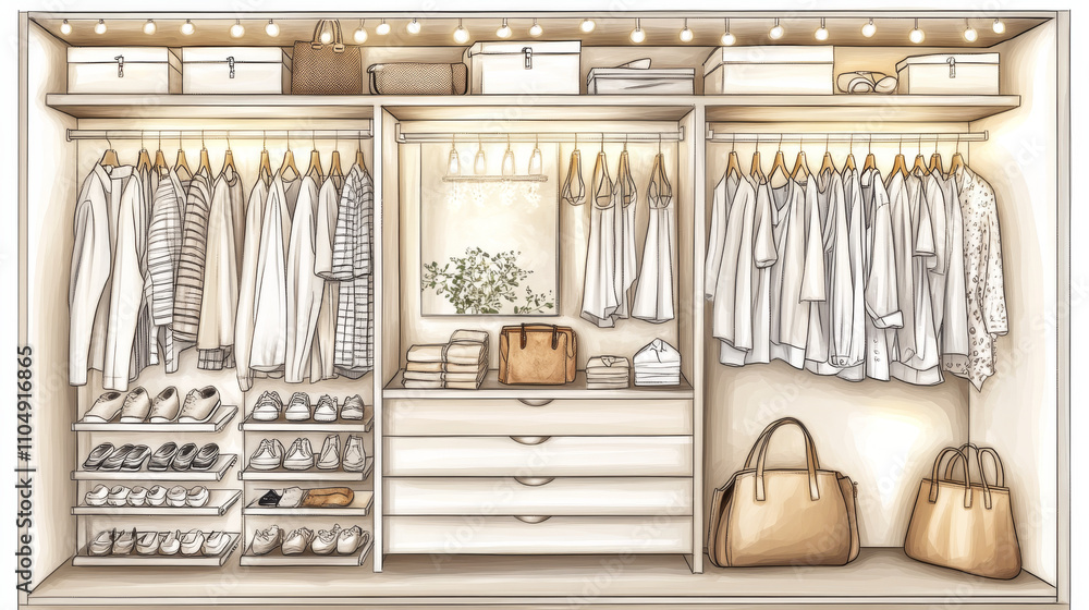 Closet room interior with organized male clothes hanging in cabinet, shoes and bag on shelf and racks, decorative elements and large mirror with light bulbs. Cartoon vector home or store wardrobe. Closet room interior with organized male clothes hanging in cabinet, shoes and bag on shelf and racks, decorative elements and large mirror with light bulbs. Cartoon vector home or store wardrobe.