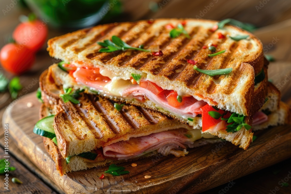 Grilled ham and cheese sandwich, layered with tomato and cucumber. Perfect for menus, blogs, or websites showcasing delicious food. Grilled ham and cheese sandwich, layered with tomato and cucumber. Perfect for menus, blogs, or websites showcasing delicious food.