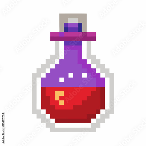 Pixel Art Potion Bottle with Red Liquid Vintage 8 Bit Game Icon Illustration