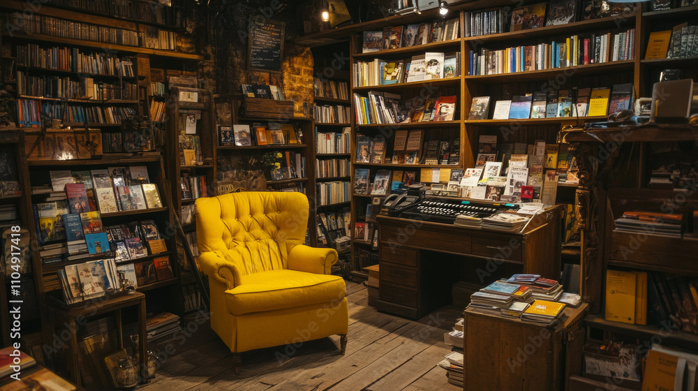 Night bookstore interior with books on wooden shelves. Vector cartoon illustration of dark room with literature on shelves, postcard rack, yellow armchair, cash register on counter, souvenirs on wall Night bookstore interior with books on wooden shelves. Vector cartoon illustration of dark room with literature on shelves, postcard rack, yellow armchair, cash register on counter, souvenirs on wall