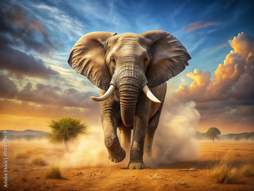 Obraz premium Charging Elephant, Dusty Savannah, Tilt-Shift Photography, Wildlife, Nature, Focus, Depth of Field, Art, Digital, Photorealistic