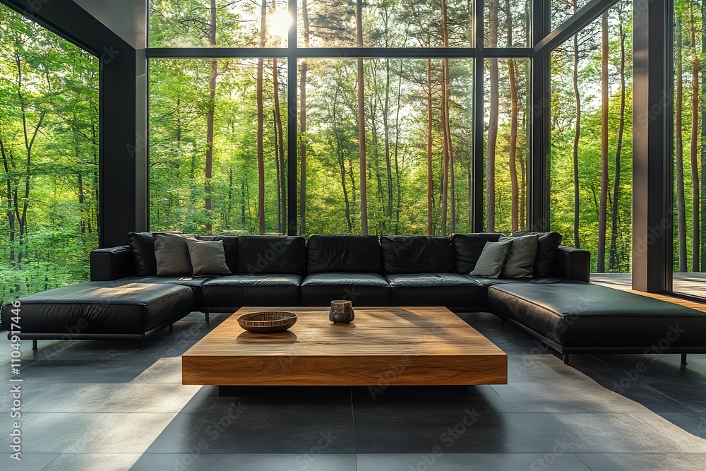 Modern Living Room with Panoramic Forest View: Luxurious Sectional Sofa and Wooden Coffee Table Modern Living Room with Panoramic Forest View: Luxurious Sectional Sofa and Wooden Coffee Table