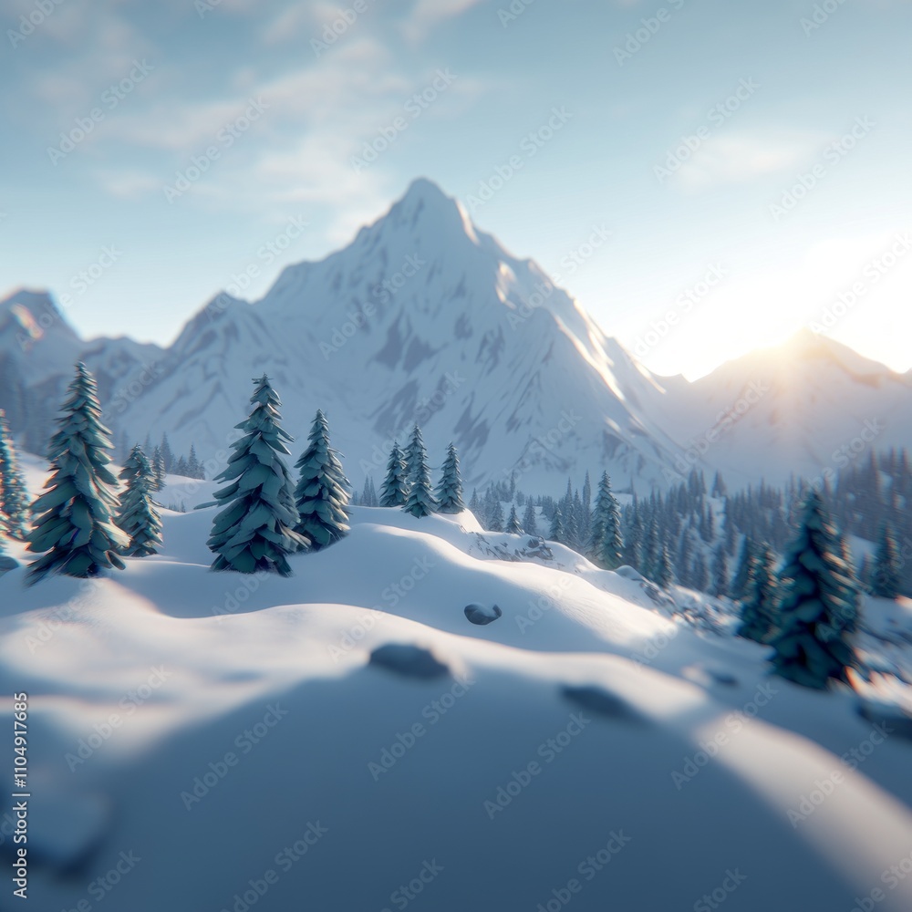 Fototapeta premium Snowy mountain range at sunrise.