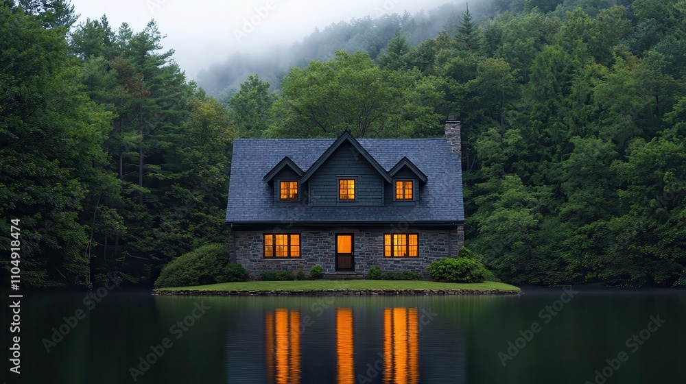 Obraz premium A cozy cabin surrounded by dense forest reflects in a calm lake, illuminated by warm lights, creating a serene and inviting atmosphere.