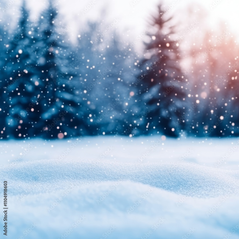 Snowy winter landscape with falling snowflakes and blurred pine trees in the background. Snowy winter landscape with falling snowflakes and blurred pine trees in the background.