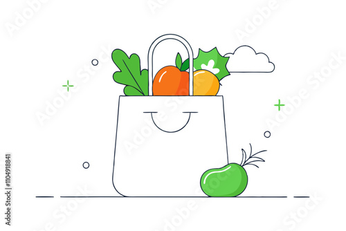 Line Drawing of Shopping Bag Filled with Fresh Vegetables - Vector Art Illustration