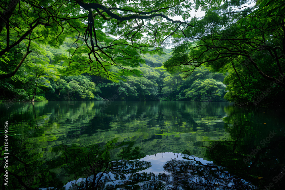 Tranquil Lake Surrounded by Lush Trees Reflecting Nature’s Serenity Tranquil Lake Surrounded by Lush Trees Reflecting Nature’s Serenity