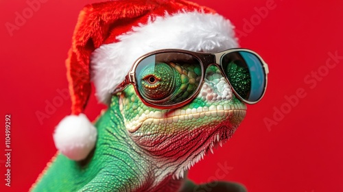 Merry Christmas Holiday Greeting Card - Cool Chameleon with Santa Hat and Sunglasses