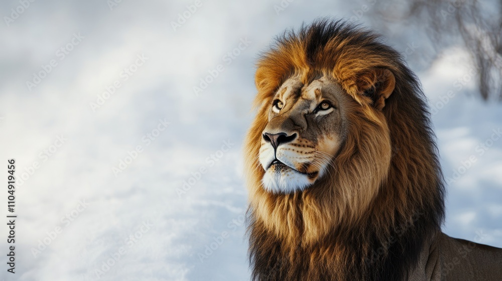 Fototapeta premium Majestic Lion Gazing in Snowy Winter Landscape