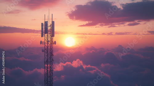 Sunset view from a telecom tower above the clouds with vibrant colors illuminating the sky