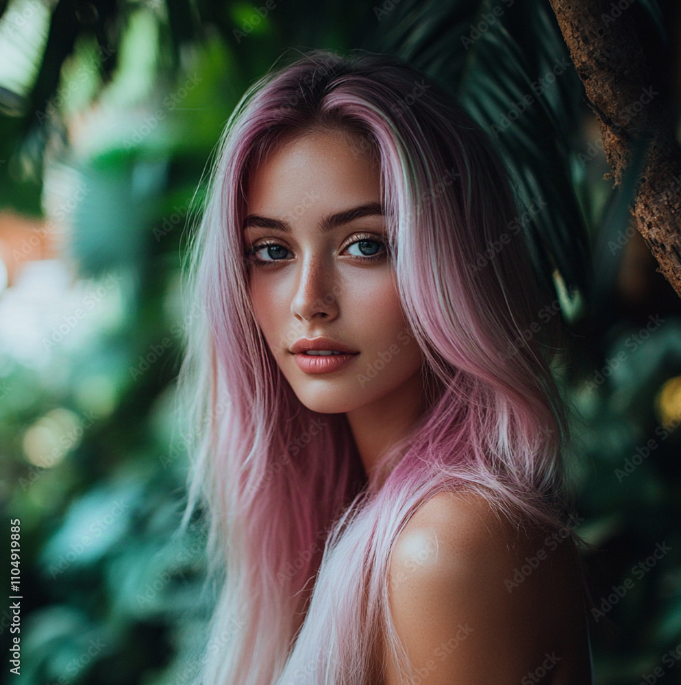 Naklejka premium A photo of an attractive woman with straight, shiny laminated hair. Beautidul background of a terrace with green plants, with pastel colors, soft light