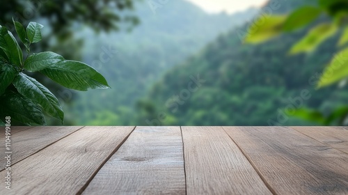 Empty Wooden Floor Display with Blurred Nature Background