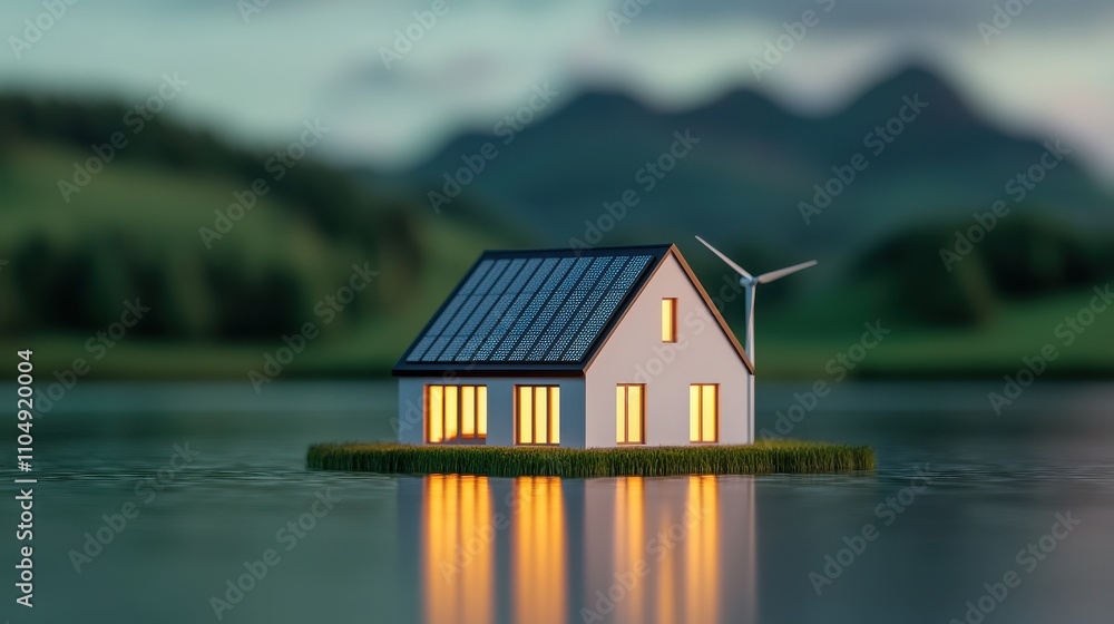 Fototapeta premium A miniature house with solar panels floats on water, surrounded by lush greenery and mountains, reflecting a serene, eco-friendly lifestyle.