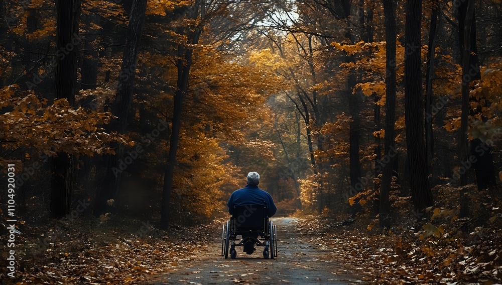 Autumnal Solitude: A Person in a Wheelchair on a Path Through Golden Forest Autumnal Solitude: A Person in a Wheelchair on a Path Through Golden Forest