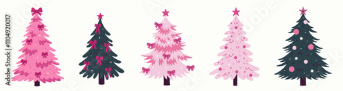 Collection of green and pink Christmas trees decorated with balls and bows. Vector graphics.