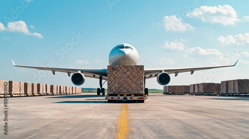 Cargo plane on runway, ready for shipment.