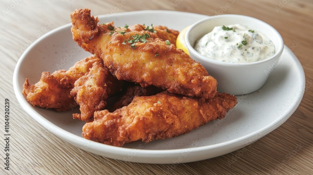 Crispy Fish Fillets with Tartar Sauce on Rustic Table Crispy Fish Fillets with Tartar Sauce on Rustic Table