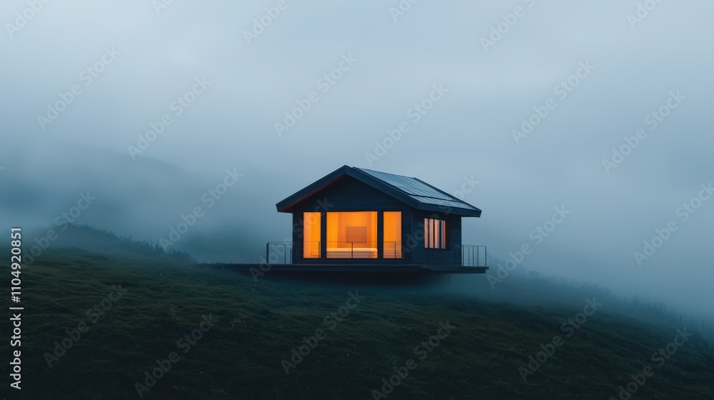 A solitary cabin stands illuminated against a foggy backdrop, exuding warmth amidst the cool, misty landscape. A solitary cabin stands illuminated against a foggy backdrop, exuding warmth amidst the cool, misty landscape.