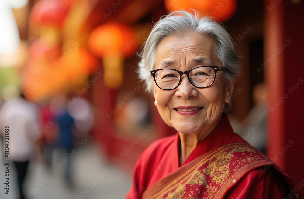 Smiling senior woman in red traditional attire during a festive cultural celebration. Bright outdoor scene with red lanterns in the background Smiling senior woman in red traditional attire during a festive cultural celebration. Bright outdoor scene with red lanterns in the background