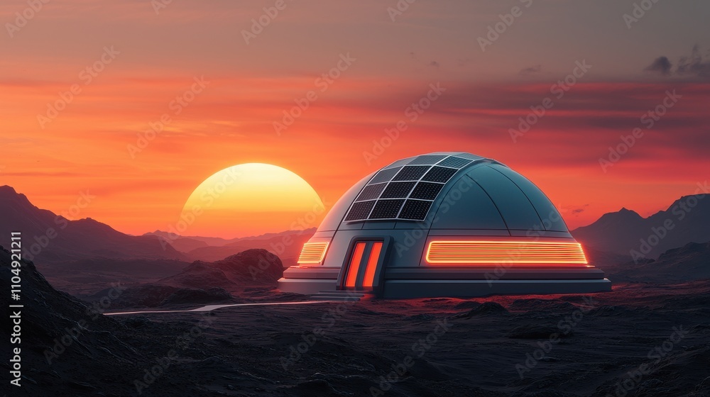 A futuristic dome-shaped structure on a rocky landscape under a vibrant sunset sky, suggesting advanced technology and exploration. A futuristic dome-shaped structure on a rocky landscape under a vibrant sunset sky, suggesting advanced technology and exploration.