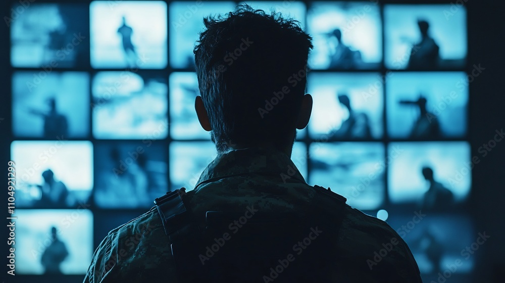 Military Leader Strategizing in a Command Center with Advanced Technology Displays Military Leader Strategizing in a Command Center with Advanced Technology Displays